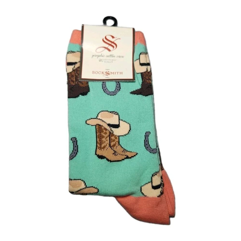 Socksmith Cowgirl Up Spearmint Graphic Cotton Crew Socks Western Boots Hat NEW